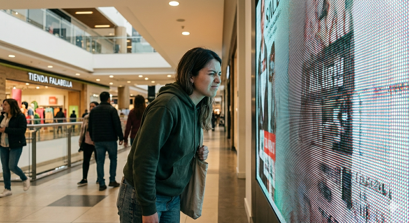 Cliente cerca de panel LED en mall chileno, píxeles visibles