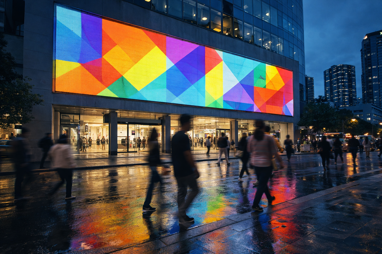 Pantalla LED exterior en fachada urbana nocturna